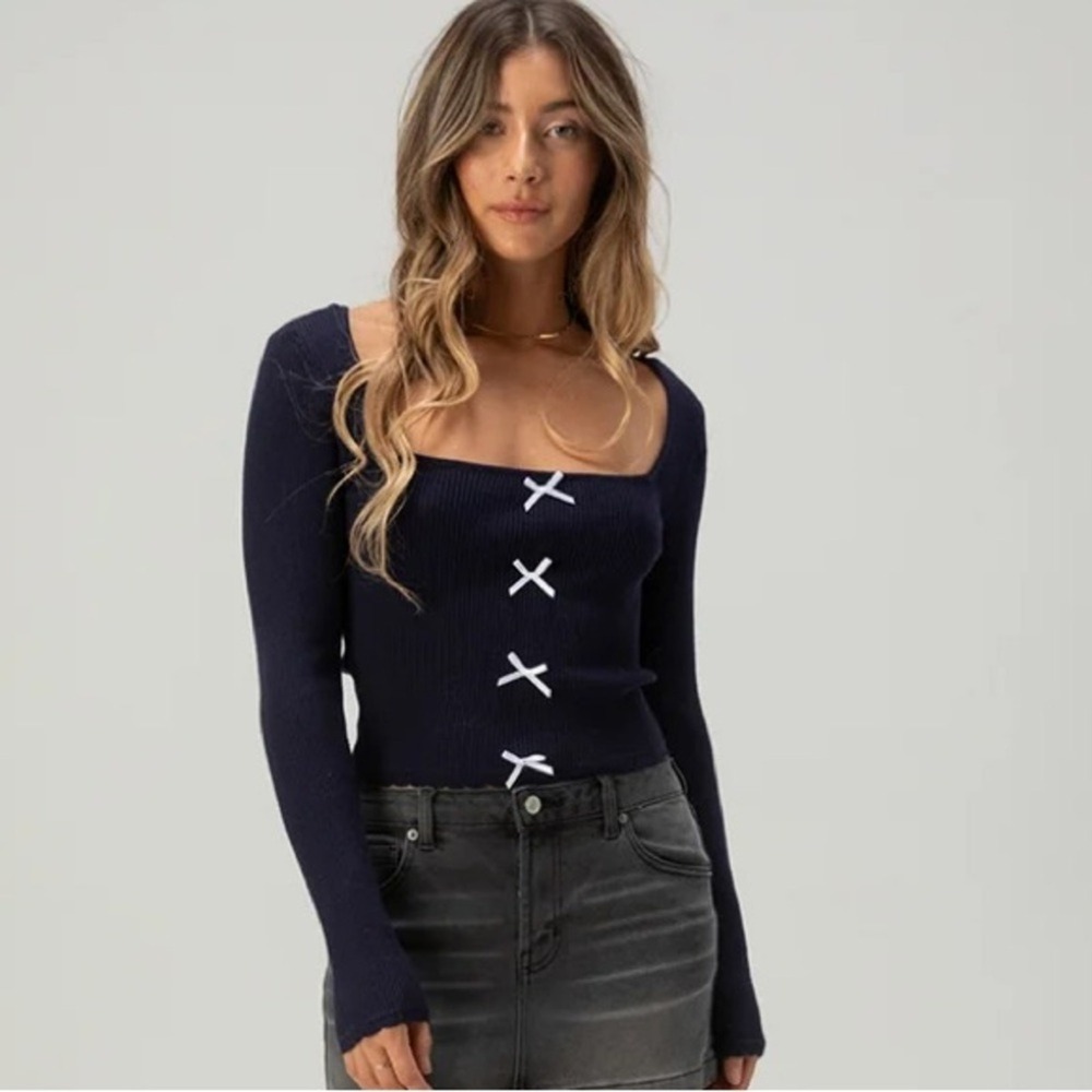 RSQ Navy Blue Ribbed Square Neck Long Sleeve Top Bow Detail‎ Size Small